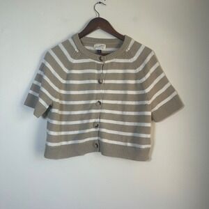 Universal Thread Cardigan Size M Tan White Striped Short Sleeve Cotton Button